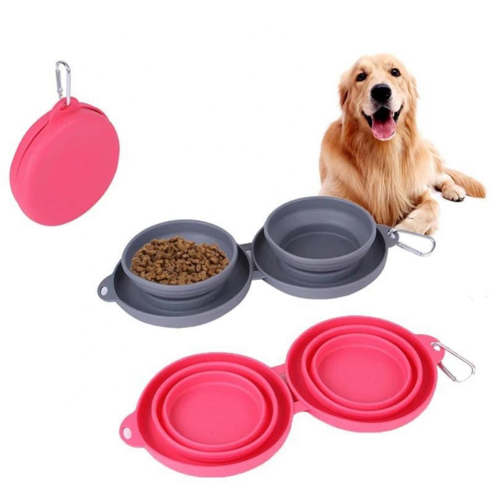 FurEverSmart Foldable Rubber Double Bowl – Portable Travel Feeding Dish for Dogs Cats Food Water
