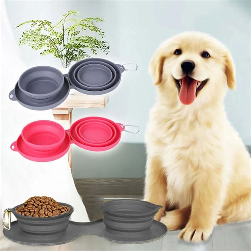 FurEverSmart Foldable Rubber Double Bowl – Portable Travel Feeding Dish for Dogs Cats Food Water