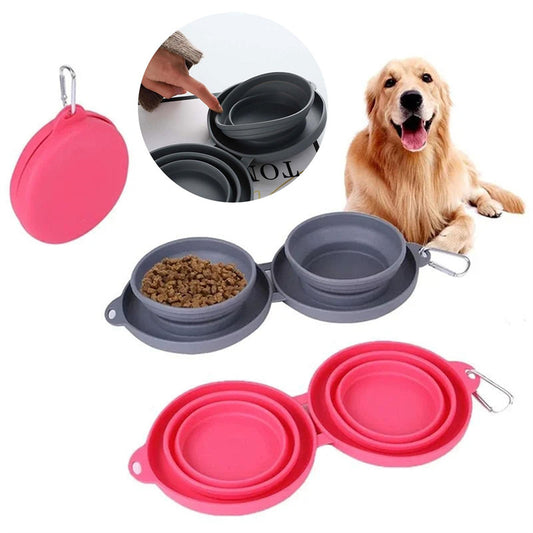 FurEverSmart Foldable Rubber Double Bowl – Portable Travel Feeding Dish for Dogs Cats Food Water