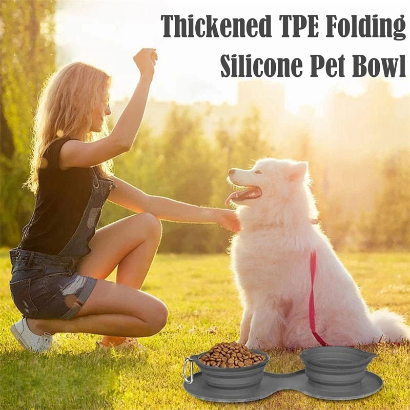 FurEverSmart Foldable Rubber Double Bowl – Portable Travel Feeding Dish for Dogs Cats Food Water